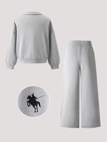 SHEIN 2合1女童套裝：刺繡馬半拉鍊上衣與彈性直筒褲，連帽衫，秋季穿搭，秋季日常穿著 - 灰色 - 查看 2