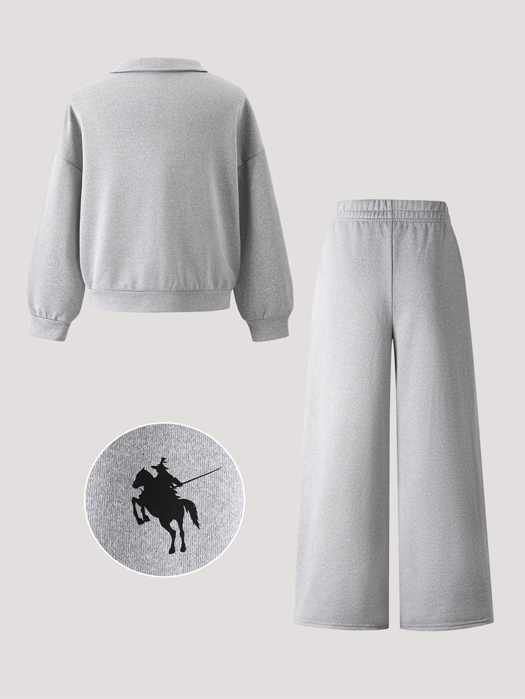 SHEIN 2-In-1 Girls Set: Embroidered Horse Half-Zip Top & Elastic Straight Pants, Hoodie, Fall Outfits, Fall Daily Wear - Grey - View 2