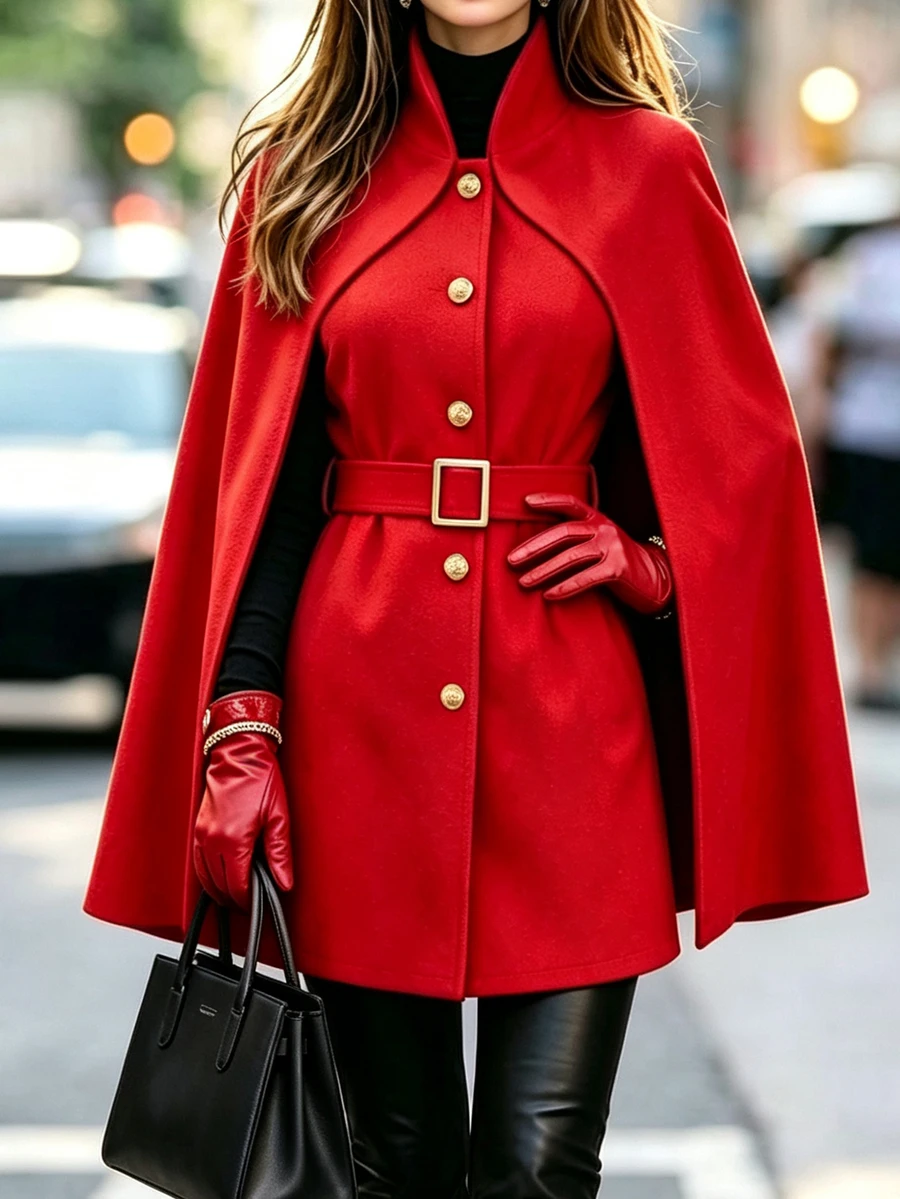 Balvessa Women's Solid Color Single-Breasted Cape Sleeve Elegant Regular Fit Jacket - Red - View 1