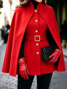 Balvessa Women's Solid Color Single-Breasted Cape Sleeve Elegant Regular Fit Jacket - Red - View 3