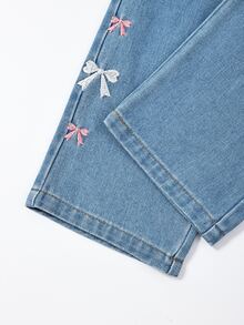 SHEIN Young Girls Jeans Pants,Trousers Girls Fall Outfits Casual Preppy-Style Blue Bow Embroidery.Suitable For Spring, Summer,Autumn,Fall,And Winter - Medium Wash - View 6