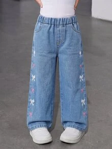 SHEIN Young Girls Jeans Pants,Trousers Girls Fall Outfits Casual Preppy-Style Blue Bow Embroidery.Suitable For Spring, Summer,Autumn,Fall,And Winter - Medium Wash - View 11