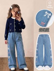 SHEIN Young Girls Jeans Pants,Trousers Girls Fall Outfits Casual Preppy-Style Blue Bow Embroidery.Suitable For Spring, Summer,Autumn,Fall,And Winter - Medium Wash - View 5