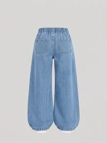 SHEIN Young Girls Jeans Pants,Trousers Girls Fall Outfits Casual Preppy-Style Blue Bow Embroidery.Suitable For Spring, Summer,Autumn,Fall,And Winter - Medium Wash - View 3