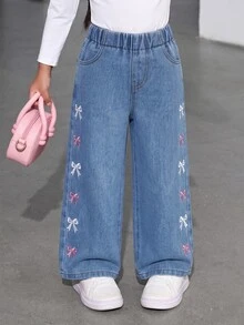 SHEIN Young Girls Jeans Pants,Trousers Girls Fall Outfits Casual Preppy-Style Blue Bow Embroidery.Suitable For Spring, Summer,Autumn,Fall,And Winter - Medium Wash - View 12