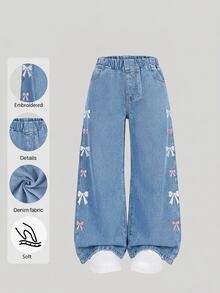 SHEIN Young Girls Jeans Pants,Trousers Girls Fall Outfits Casual Preppy-Style Blue Bow Embroidery.Suitable For Spring, Summer,Autumn,Fall,And Winter - Medium Wash - View 2