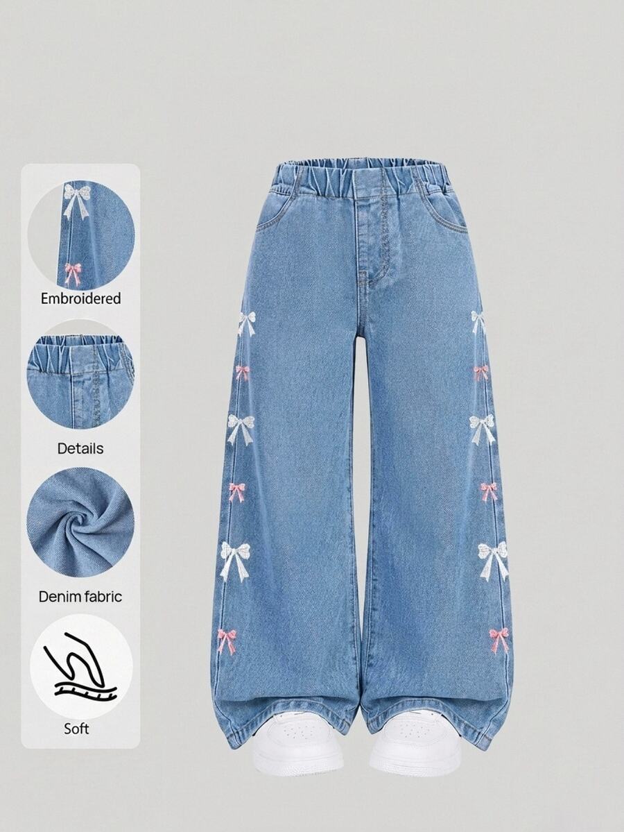 SHEIN Young Girls Jeans Pants,Trousers Girls Fall Outfits Casual Preppy-Style Blue Bow Embroidery.Suitable For Spring, Summer,Autumn,Fall,And Winter