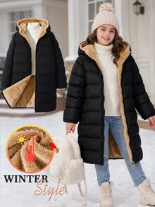 SHEIN Teen Girl Casual Senior Streetwear Cute Cargo Baggy Padded Coat, Long Sleeve, Fleece, Mid-Length, Versatile For Autumn/Winter Black, Holiday Work - Black - View 4