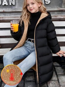 SHEIN Teen Girl Casual Senior Streetwear Cute Cargo Baggy Padded Coat, Long Sleeve, Fleece, Mid-Length, Versatile For Autumn/Winter Black, Holiday Work - Black - View 2