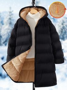 SHEIN Teen Girl Casual Senior Streetwear Cute Cargo Baggy Padded Coat, Long Sleeve, Fleece, Mid-Length, Versatile For Autumn/Winter Black, Holiday Work - Black - View 7