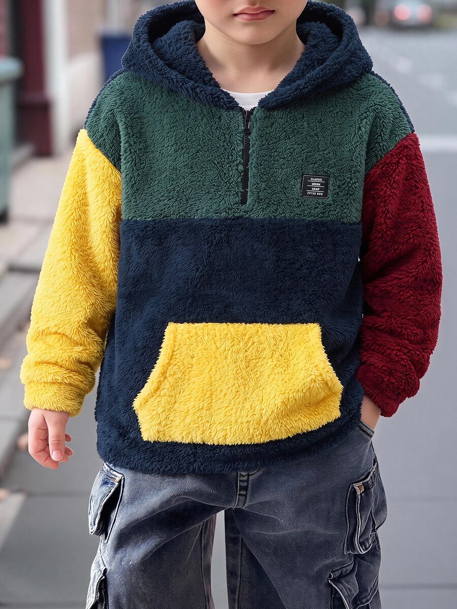 SHEIN Kids Tween Boy Multi-Color Autumn/Winter Casual Loose Double-Sided Soft Fleece Colorblock Logo Hooded Zip-Up Sweatshirt, Comfortable Soft Loose Fit For Home And Outdoor Wear, Versatile - Multicolor - View 1