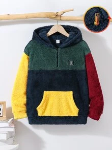 SHEIN Kids Tween Boy Multi-Color Autumn/Winter Casual Loose Double-Sided Soft Fleece Colorblock Logo Hooded Zip-Up Sweatshirt, Comfortable Soft Loose Fit For Home And Outdoor Wear, Versatile - Multicolor - View 2