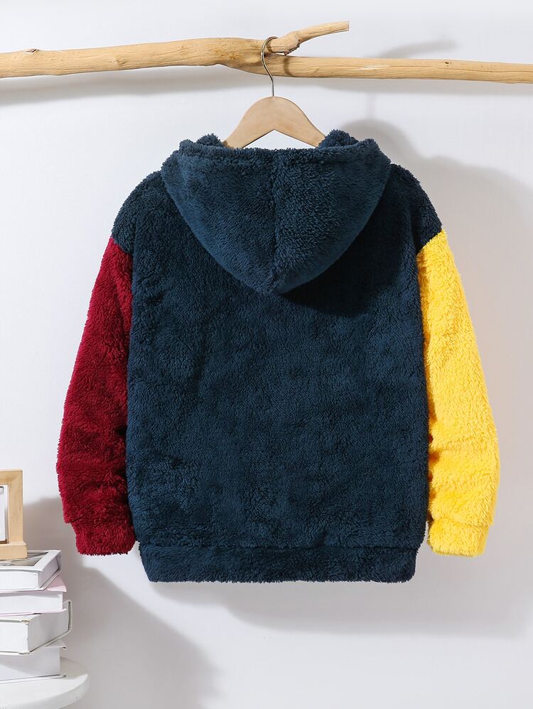 SHEIN Kids Tween Boy Multi-Color Autumn/Winter Casual Loose Double-Sided Soft Fleece Colorblock Logo Hooded Zip-Up Sweatshirt, Comfortable Soft Loose Fit For Home And Outdoor Wear, Versatile - Multicolor - View 3