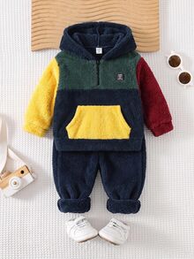 SHEIN Kids Tween Boy Multi-Color Autumn/Winter Casual Loose Double-Sided Soft Fleece Colorblock Logo Hooded Zip-Up Sweatshirt, Comfortable Soft Loose Fit For Home And Outdoor Wear, Versatile - Multicolor - View 4