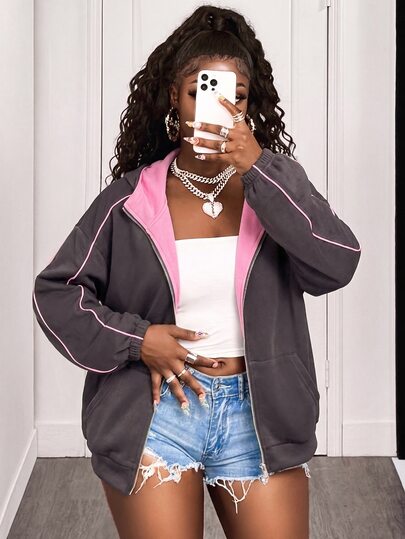 BamGleam Women's Casual Sports Pink Colorblock Trim Long Sleeve Loose Fit Dark Gray Hooded Sweatshirt, Autumn/Winter