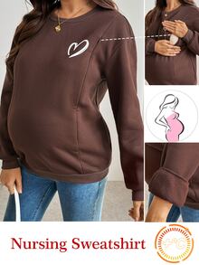 SHEIN Sweatshirt Menyusui Lengan Panjang Warna Polos Kerah Bulat untuk Ibu Hamil, Kasual Musim Dingin/Musim Gugur - Coklat - View 1
