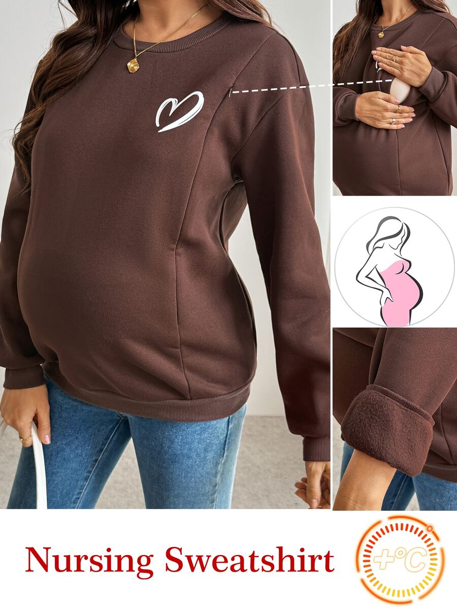 SHEIN Sweatshirt Menyusui Lengan Panjang Warna Polos Kerah Bulat untuk Ibu Hamil, Kasual Musim Dingin/Musim Gugur - Coklat - View 1