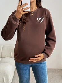 SHEIN Sweatshirt Menyusui Lengan Panjang Warna Polos Kerah Bulat untuk Ibu Hamil, Kasual Musim Dingin/Musim Gugur - Coklat - View 5