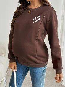 SHEIN Sweatshirt Menyusui Lengan Panjang Warna Polos Kerah Bulat untuk Ibu Hamil, Kasual Musim Dingin/Musim Gugur - Coklat - View 4
