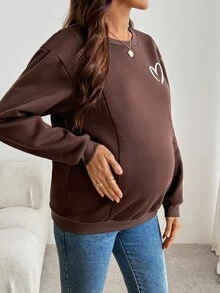 SHEIN Sweatshirt Menyusui Lengan Panjang Warna Polos Kerah Bulat untuk Ibu Hamil, Kasual Musim Dingin/Musim Gugur - Coklat - View 3