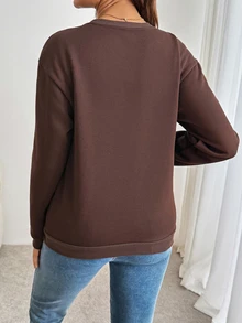 SHEIN Sweatshirt Menyusui Lengan Panjang Warna Polos Kerah Bulat untuk Ibu Hamil, Kasual Musim Dingin/Musim Gugur - Coklat - View 2