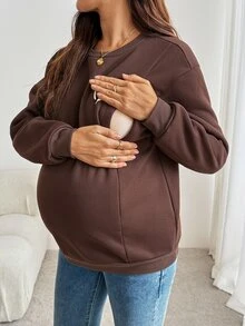 SHEIN Sweatshirt Menyusui Lengan Panjang Warna Polos Kerah Bulat untuk Ibu Hamil, Kasual Musim Dingin/Musim Gugur - Coklat - View 7
