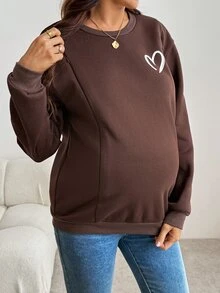 SHEIN Sweatshirt Menyusui Lengan Panjang Warna Polos Kerah Bulat untuk Ibu Hamil, Kasual Musim Dingin/Musim Gugur - Coklat - View 6