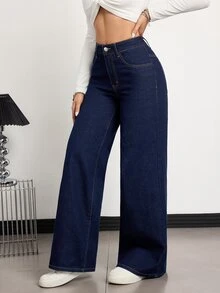 SHEIN Tall 女款高腰口袋寬腿寬鬆休閒牛仔褲，適合高個女性 - 深色水洗藍 - 查看 5