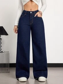 SHEIN Tall 女款高腰口袋寬腿寬鬆休閒牛仔褲，適合高個女性 - 深色水洗藍 - 查看 3