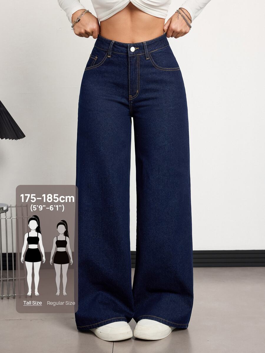 SHEIN Tall 女款高腰口袋寬腿寬鬆休閒牛仔褲,適合高個女性 - 深色水洗藍 - 查看 1
