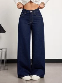SHEIN Tall 女款高腰口袋寬腿寬鬆休閒牛仔褲，適合高個女性 - 深色水洗藍 - 查看 7