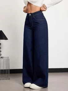 SHEIN Tall 女款高腰口袋寬腿寬鬆休閒牛仔褲，適合高個女性 - 深色水洗藍 - 查看 4
