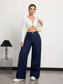 SHEIN Tall 女款高腰口袋寬腿寬鬆休閒牛仔褲，適合高個女性 - 深色水洗藍 - 查看 6