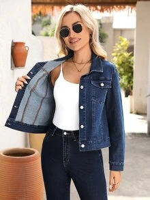 SHEIN Tall 女款休閒通勤牛仔外套，春秋款，適合高個女性 - 深色水洗藍 - 查看 1