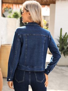 SHEIN Tall 女款休閒通勤牛仔外套，春秋款，適合高個女性 - 深色水洗藍 - 查看 2