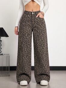 SHEIN Tall 女款豹紋直筒牛仔褲 - 駝色 - 查看 3
