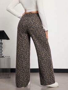 SHEIN Tall 女款豹紋直筒牛仔褲 - 駝色 - 查看 2