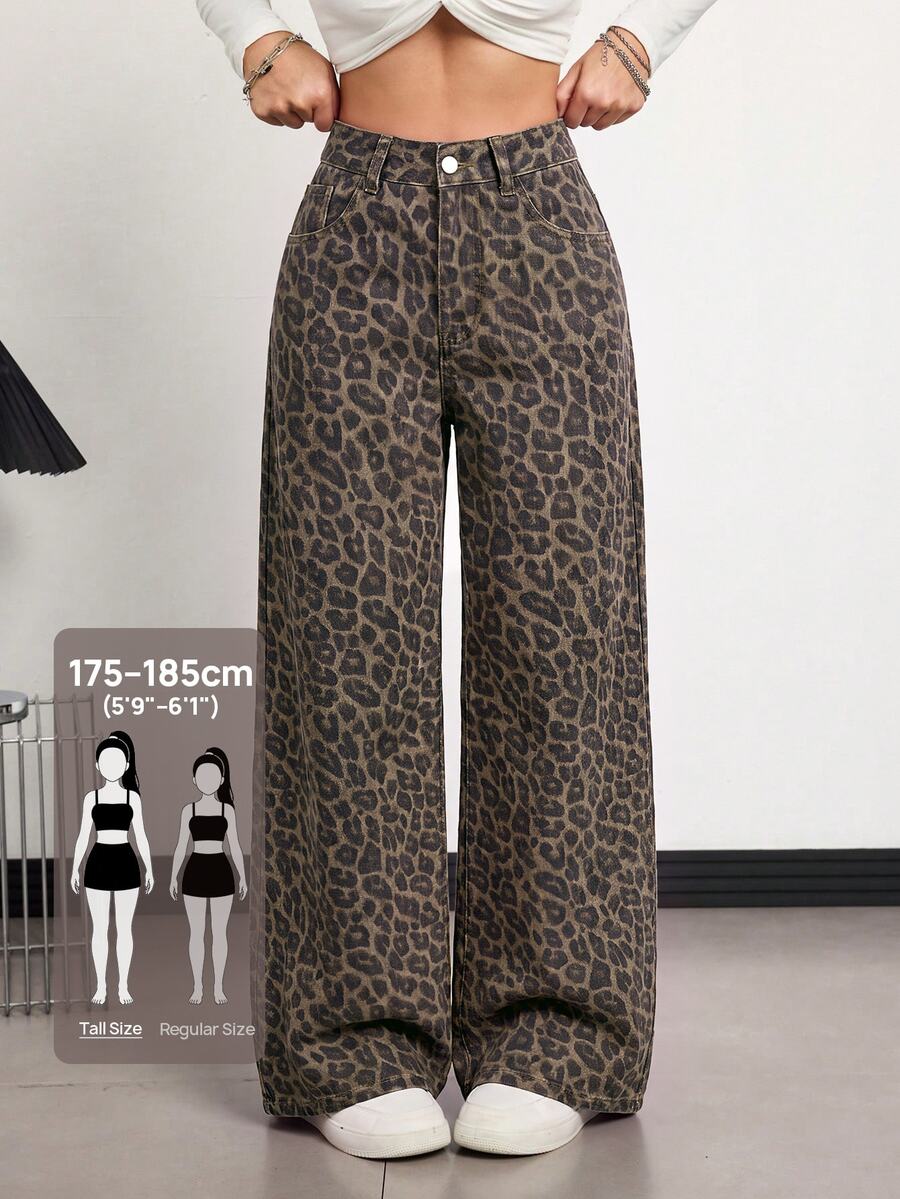 SHEIN Tall 女款豹紋直筒牛仔褲 - 駝色 - 查看 1
