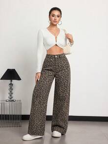 SHEIN Tall 女款豹紋直筒牛仔褲 - 駝色 - 查看 6