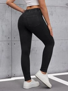 SHEIN Tall Women's Solid Color Minimalist Everyday Jeans, Tall Women - Black - View 2