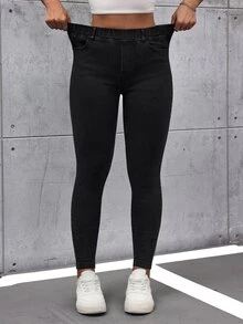 SHEIN Tall Women's Solid Color Minimalist Everyday Jeans, Tall Women - Black - View 3