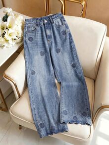 SHEIN Tall Women's Loose Wide Leg Casual Versatile Denim Jeans With Pockets - Blue - View 3