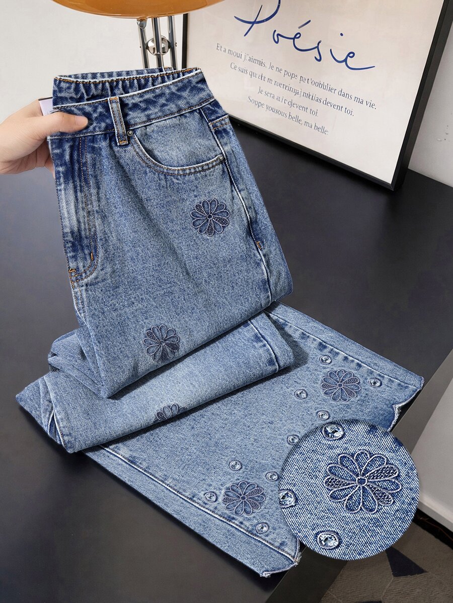 SHEIN Tall Women's Loose Wide Leg Casual Versatile Denim Jeans With Pockets