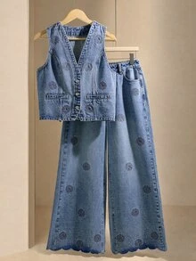 SHEIN Tall Women's Loose Wide Leg Casual Versatile Denim Jeans With Pockets - Blue - View 4