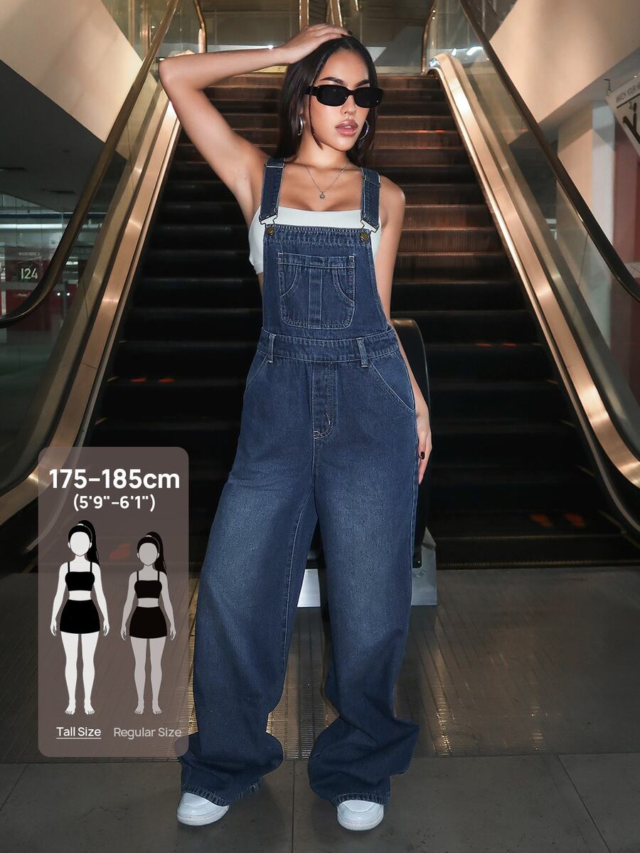 SHEIN Tall Women's Casual Versatile Denim Overalls Travel Navy Blue Autumn
