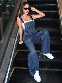 SHEIN Tall Women's Casual Versatile Denim Overalls Travel Navy Blue Autumn - Blue - View 7