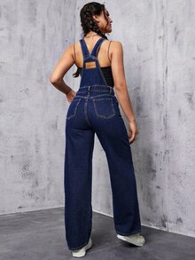 SHEIN Tall Overol de mezclilla versátil de moda con cintura alta y bolsillo delantero para mujer - Azul lavado medio - Ver 9