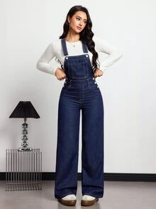 SHEIN Tall Overol de mezclilla versátil de moda con cintura alta y bolsillo delantero para mujer - Azul lavado medio - Ver 10