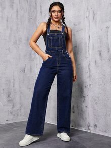 SHEIN Tall Overol de mezclilla versátil de moda con cintura alta y bolsillo delantero para mujer - Azul lavado medio - Ver 8