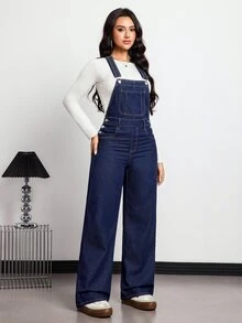 SHEIN Tall Overol de mezclilla versátil de moda con cintura alta y bolsillo delantero para mujer - Azul lavado medio - Ver 2